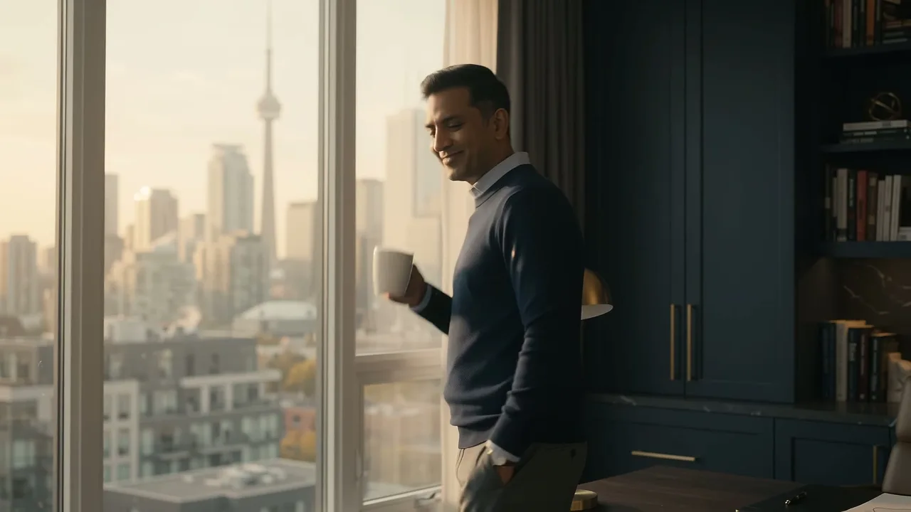 The film’s opening frame: a man with a coffee at a window, the Toronto skyline and CN Tower beyond