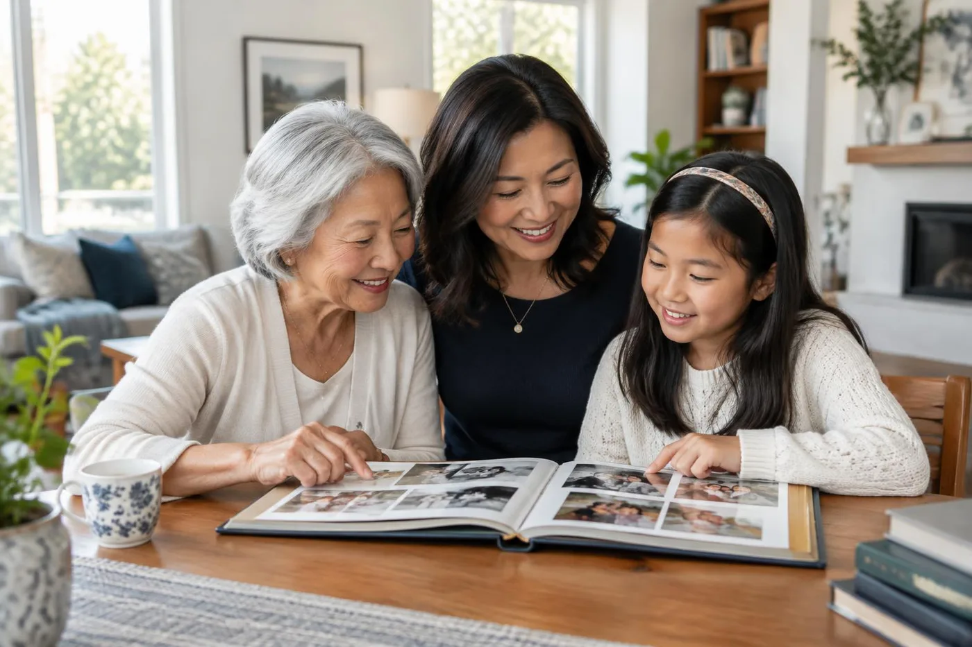 Illustrative three-generation family sharing a photo album at home
