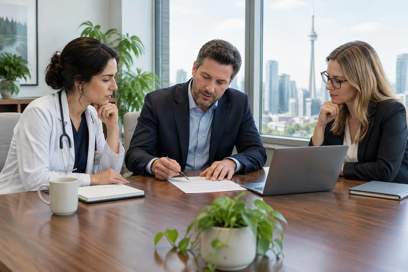 Illustrative physician and advisors reviewing a financing plan together
