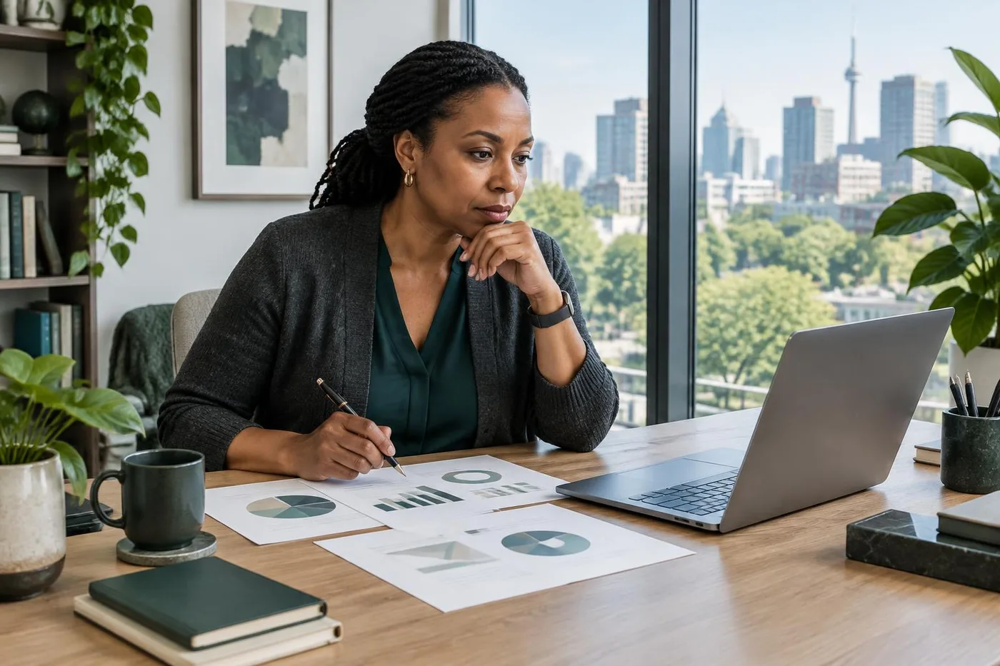 Illustrative physician reviewing diversified investments in a home office