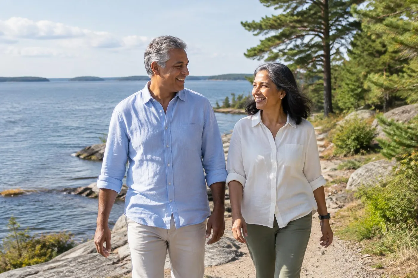 Illustrative retired couple enjoying a walk beside Georgian Bay